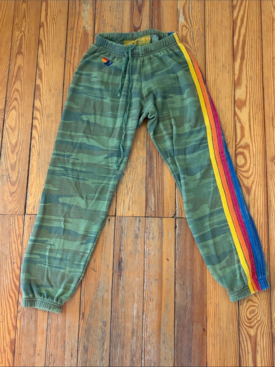 Aviator Nation Pants - Aviator Nation Olive Green Camo Joggers with Rainbow Stripe